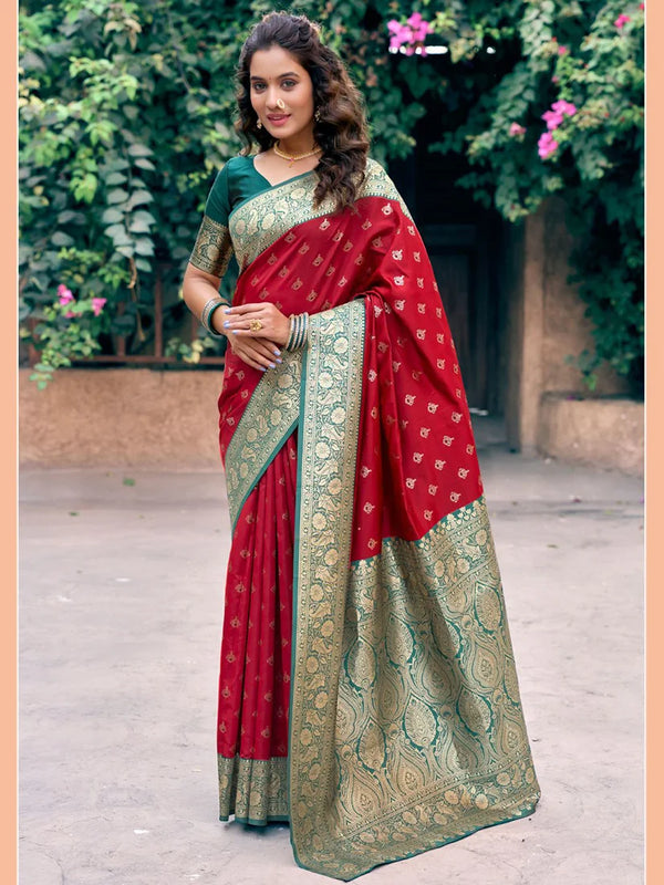 Red Banarasi-Style Silk Blend Saree with Contrast Zari Border, front