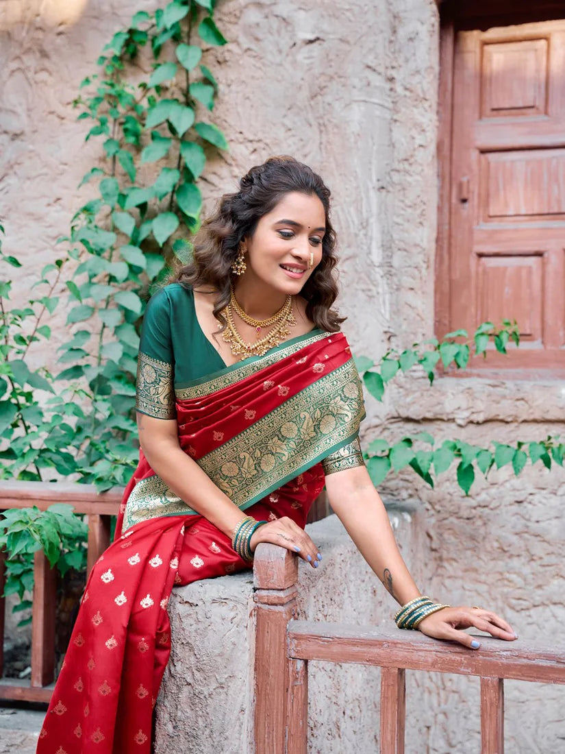 Red Banarasi-Style Silk Blend Saree with Contrast Zari Border, back with pallu