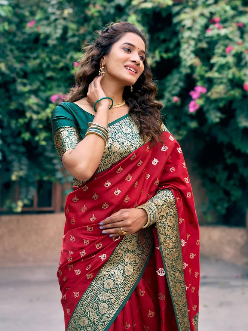 Red Banarasi-Style Silk Blend Saree with Contrast Zari Border, side