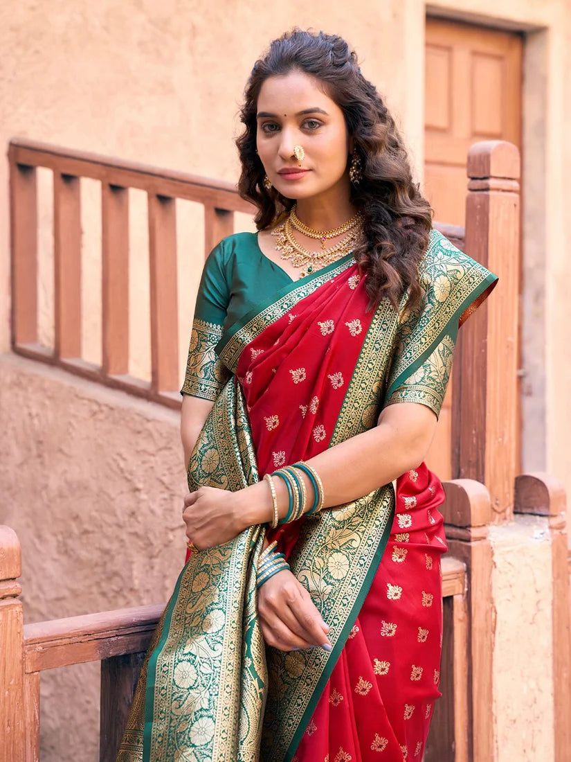 Red Banarasi-Style Silk Blend Saree with Contrast Zari Border, drape detail
