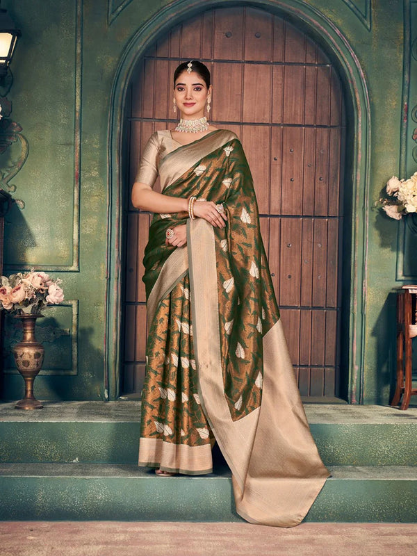 Dark Green Banarasi-Style Silk Blend Saree with Large Zari Butas, front