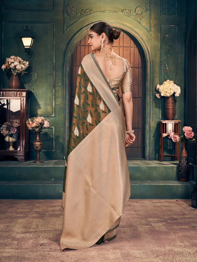 Dark Green Banarasi-Style Silk Blend Saree with Large Zari Butas, back with pallu