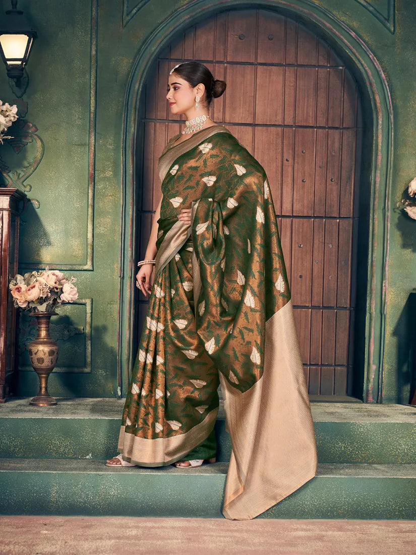 Dark Green Banarasi-Style Silk Blend Saree with Large Zari Butas, side