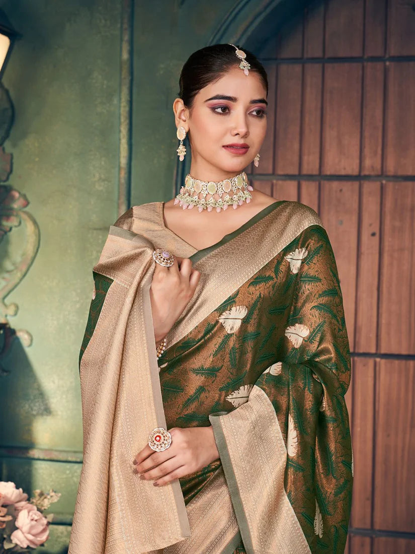 Dark Green Banarasi-Style Silk Blend Saree with Large Zari Butas, drape detail