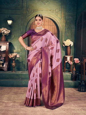 Light Pink Banarasi-Style Silk Blend Saree with Large Zari Butas
