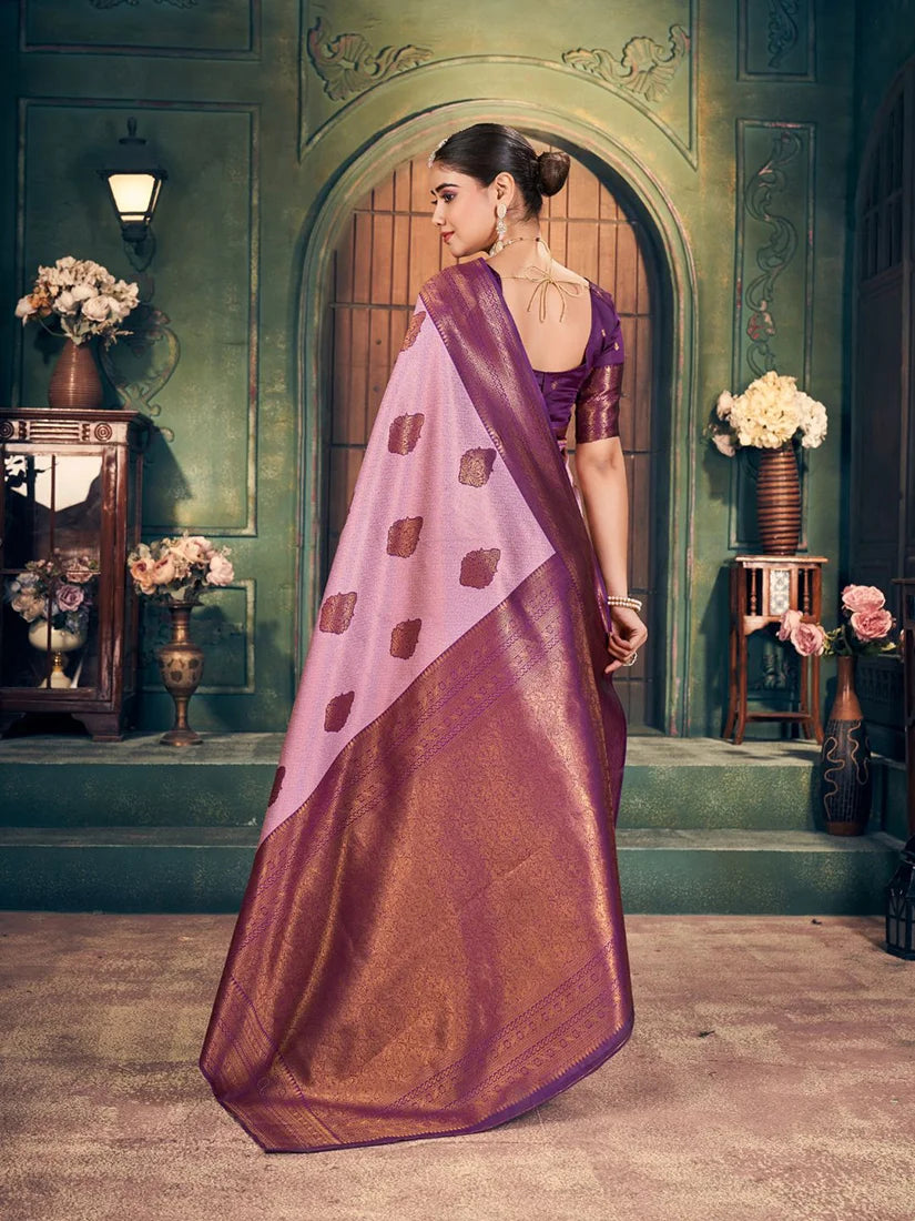 Light Pink Banarasi-Style Silk Blend Saree with Large Zari Butas, back with pallu