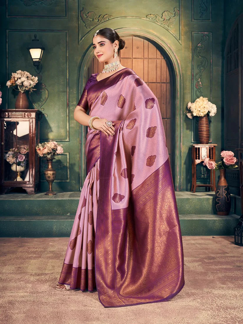 Light Pink Banarasi-Style Silk Blend Saree with Large Zari Butas, side