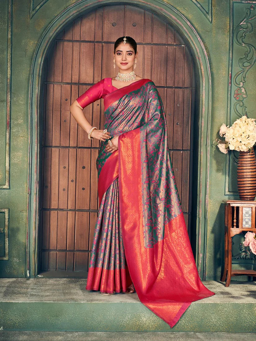 Teal Banarasi-Style Silk Blend Saree with Large Zari Butas, front