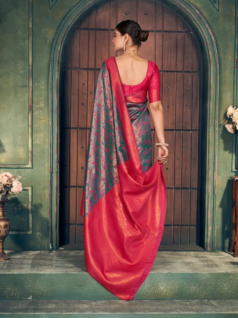 Teal Banarasi-Style Silk Blend Saree with Large Zari Butas, back with pallu