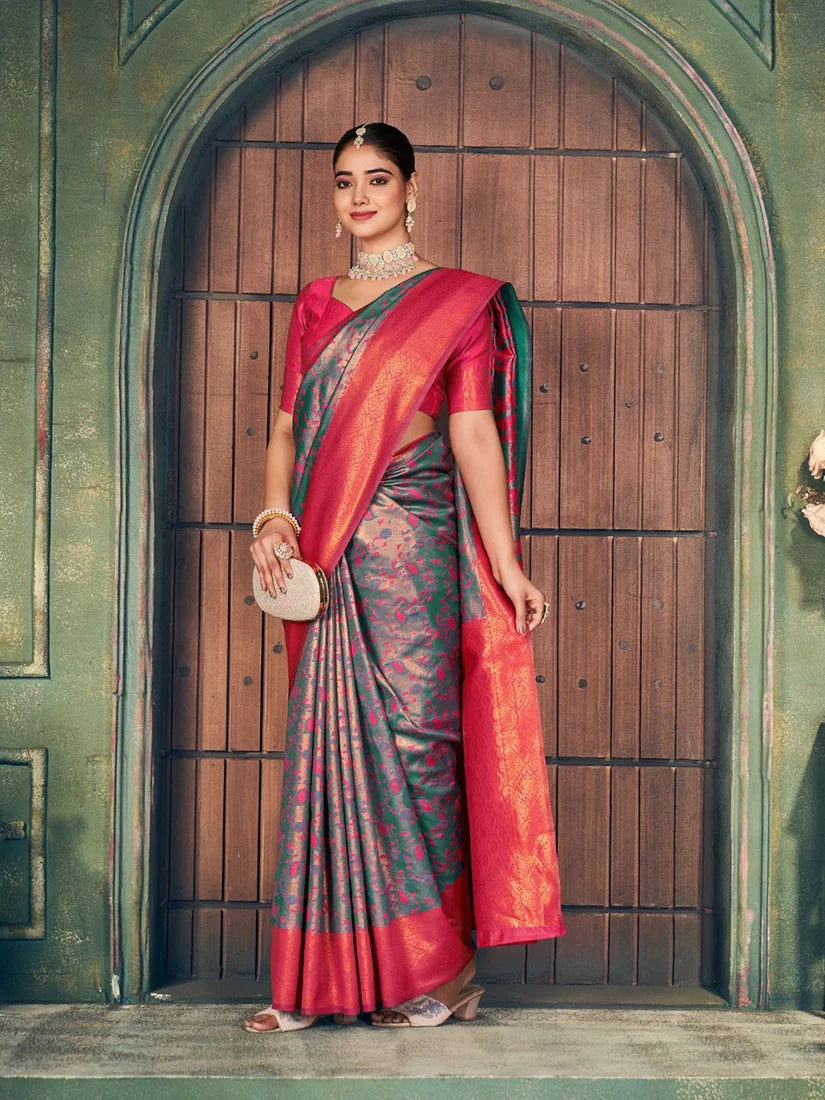 Teal Banarasi-Style Silk Blend Saree with Large Zari Butas, side