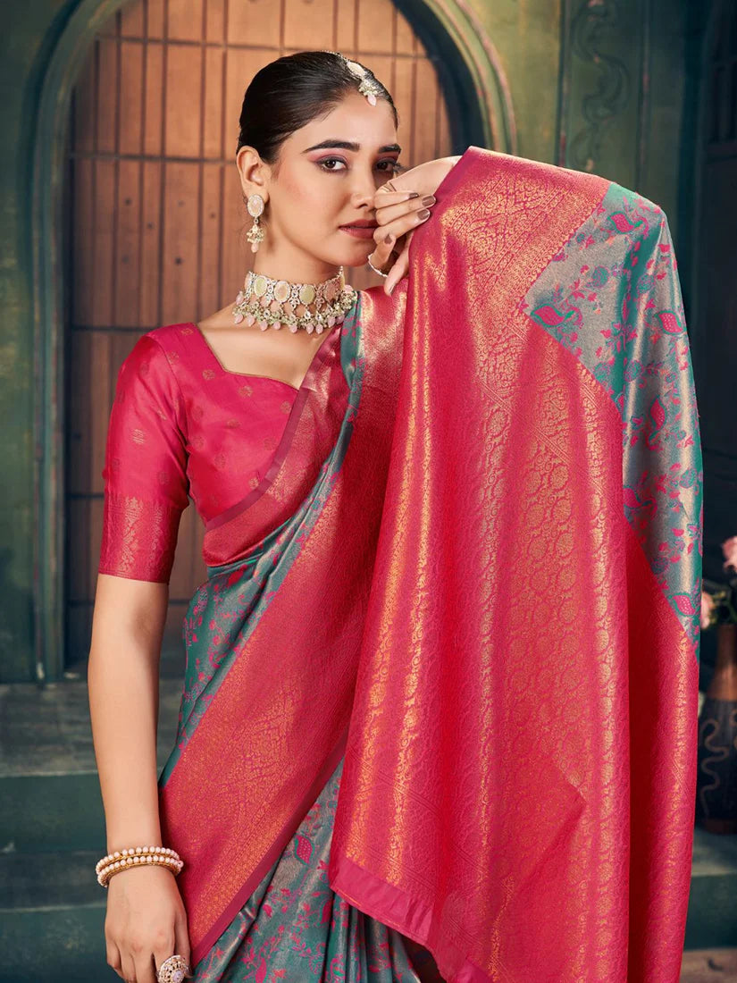 Teal Banarasi-Style Silk Blend Saree with Large Zari Butas, drape detail