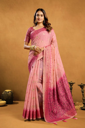 Light Pink Cotton Blend Saree with Woven Floral Pallu