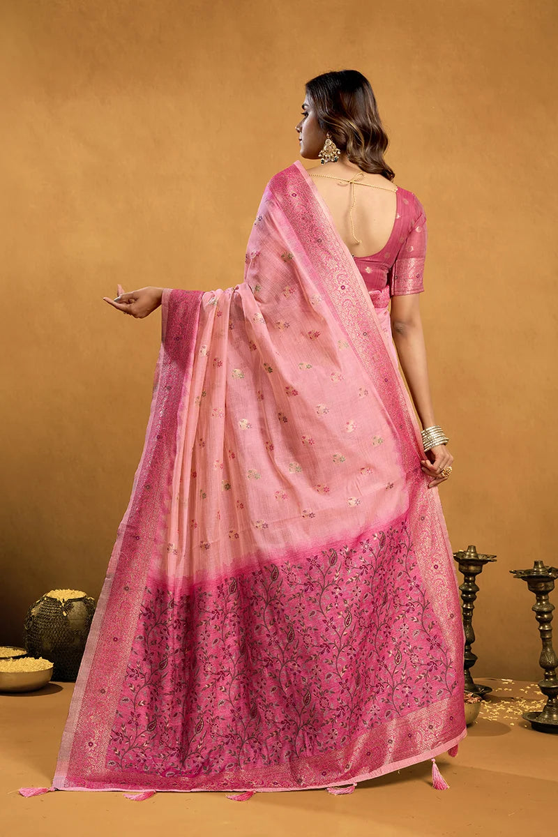 Light Pink Cotton Blend Saree with Woven Floral Pallu, back with pallu