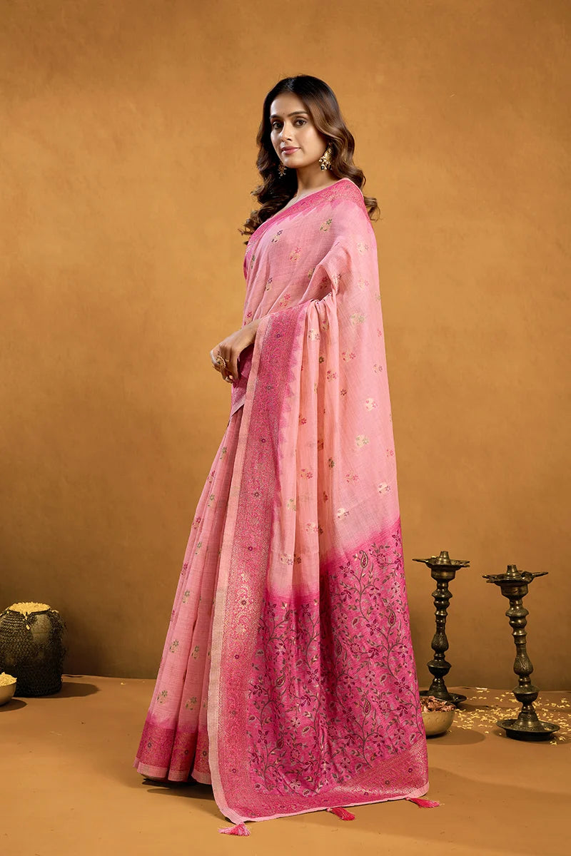 Light Pink Cotton Blend Saree with Woven Floral Pallu, side