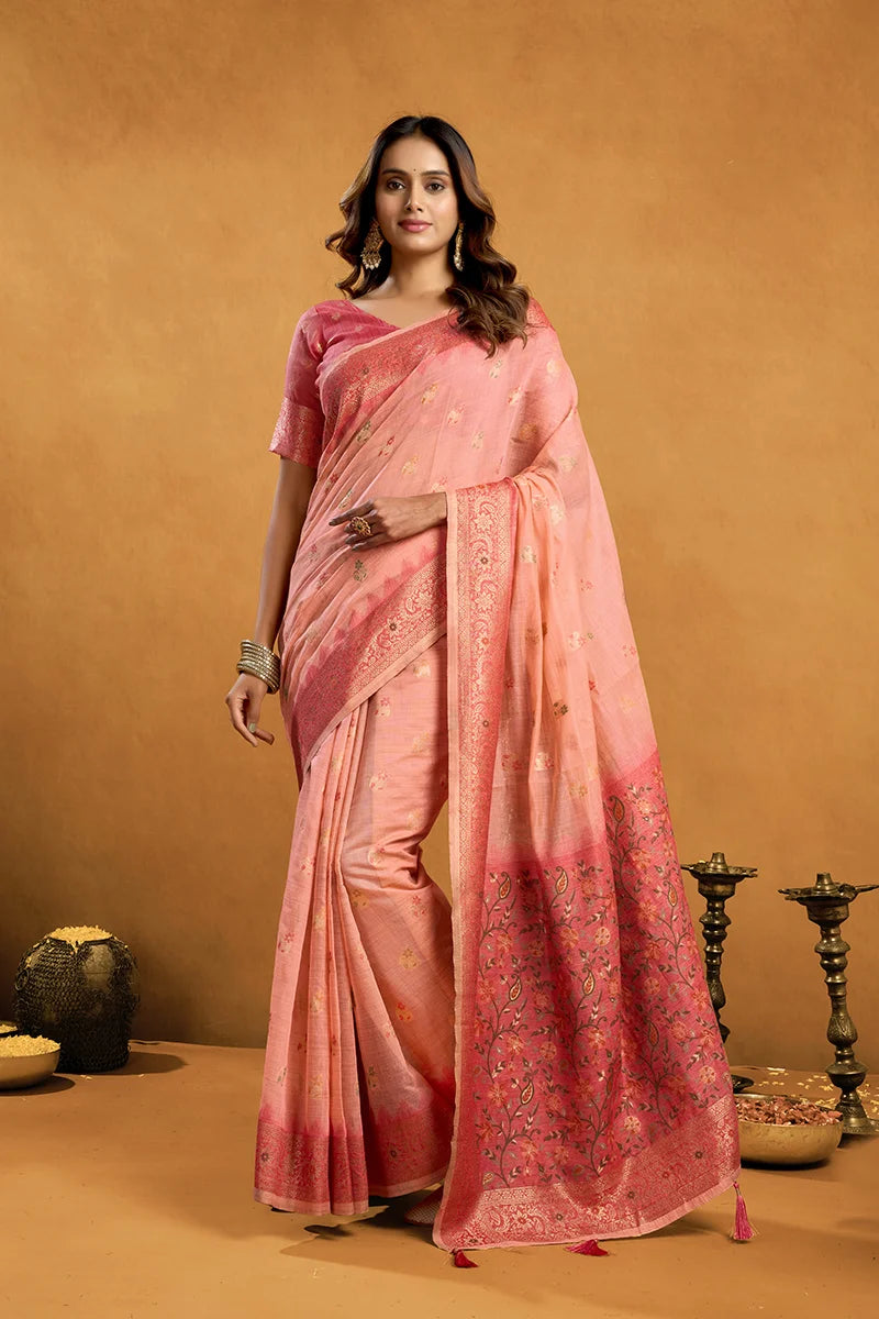 Pink Cotton Blend Saree with Woven Floral Pallu, front