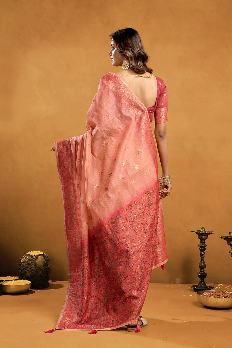 Pink Cotton Blend Saree with Woven Floral Pallu, back with pallu