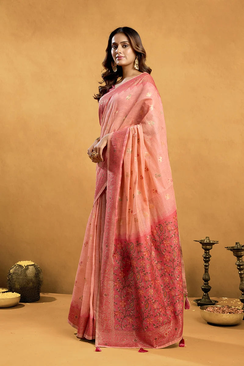 Pink Cotton Blend Saree with Woven Floral Pallu, side