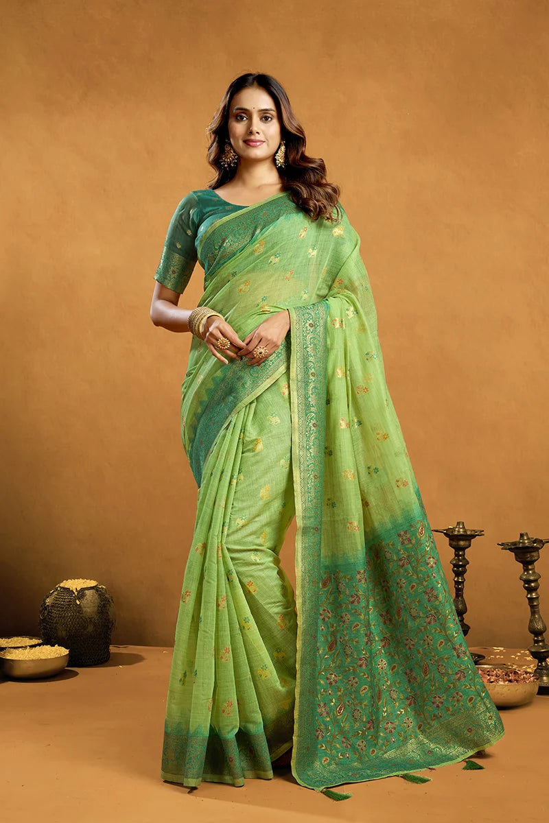 Light Green Cotton Blend Saree with Woven Floral Pallu, front