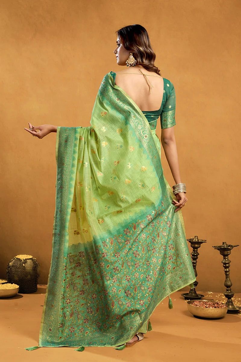 Light Green Cotton Blend Saree with Woven Floral Pallu, back with pallu