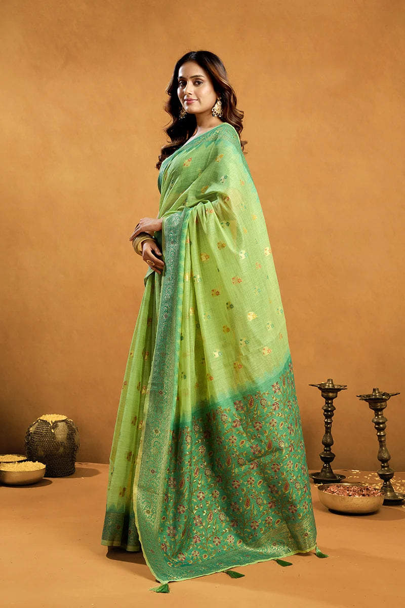 Light Green Cotton Blend Saree with Woven Floral Pallu, side
