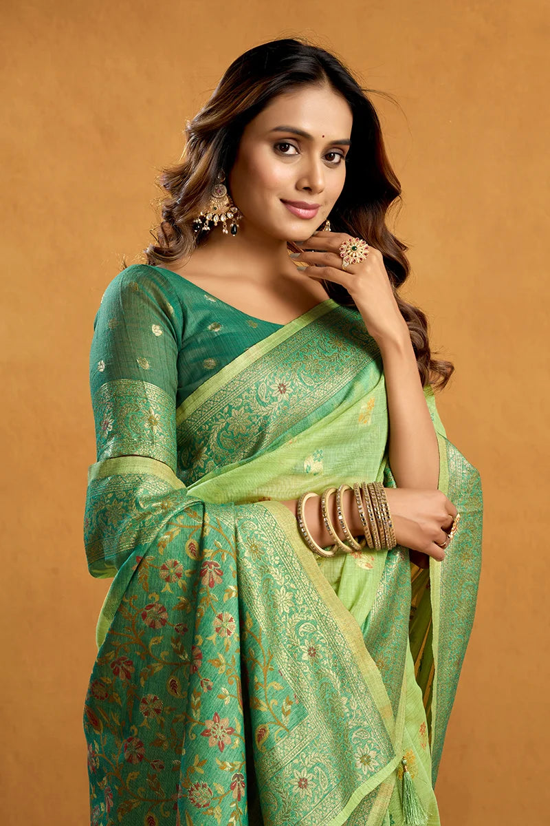 Light Green Cotton Blend Saree with Woven Floral Pallu, drape detail