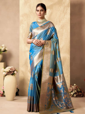 Light Blue Banarasi-Style Silk Blend Saree with Wide Zari Border