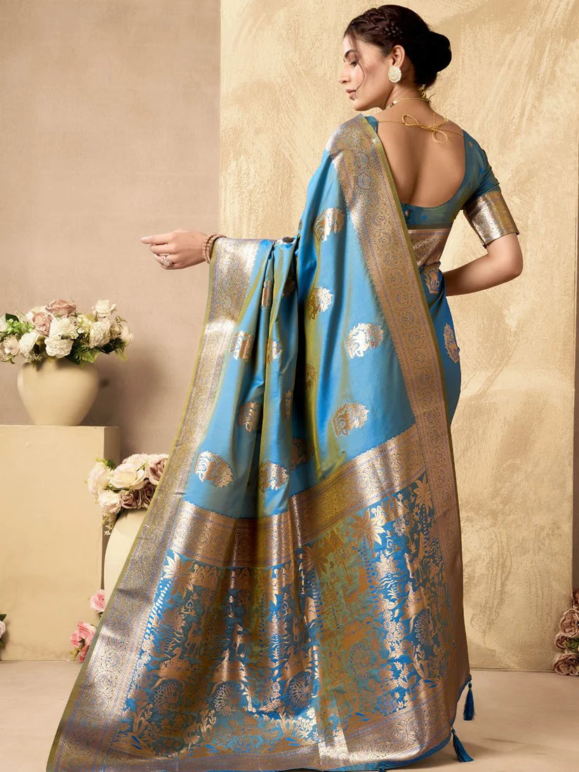 Light Blue Banarasi-Style Silk Blend Saree with Wide Zari Border, back with pallu