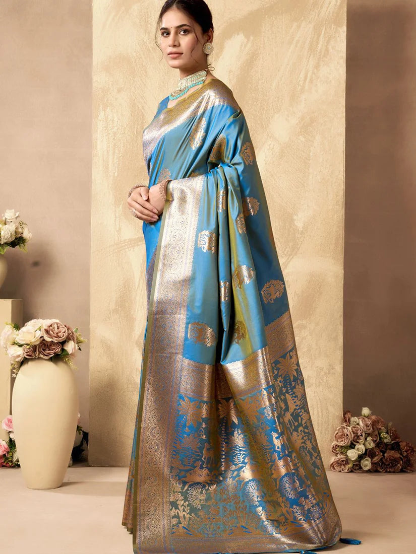 Light Blue Banarasi-Style Silk Blend Saree with Wide Zari Border, side