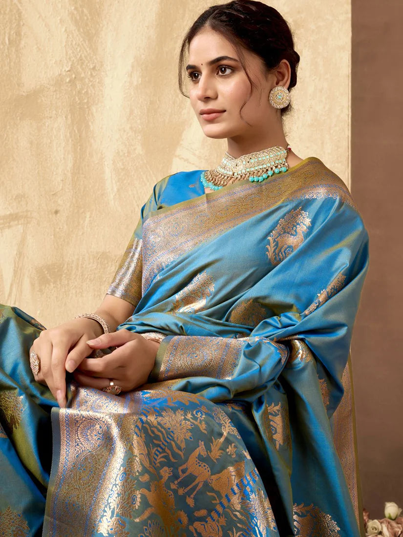 Light Blue Banarasi-Style Silk Blend Saree with Wide Zari Border, drape detail