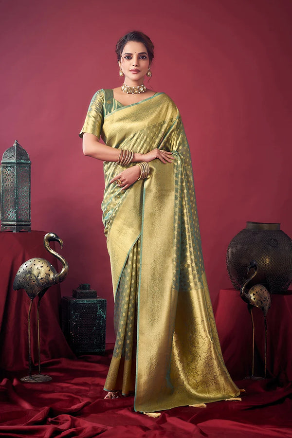 Green Banarasi-Style Silk Blend Saree with All-Over Zari Weave, front