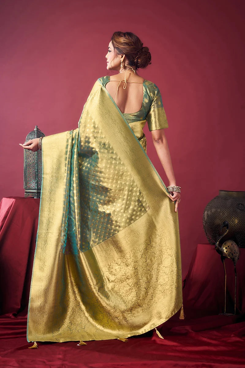 Green Banarasi-Style Silk Blend Saree with All-Over Zari Weave, back with pallu