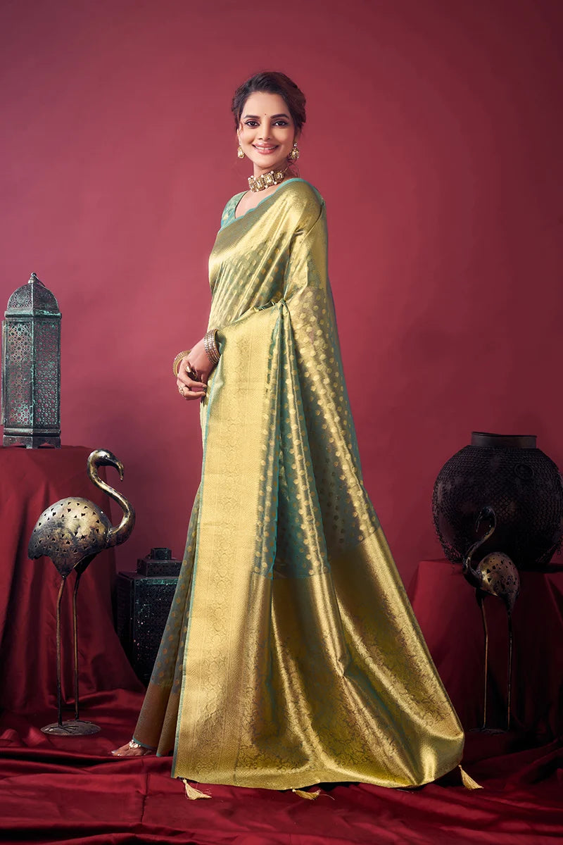Green Banarasi-Style Silk Blend Saree with All-Over Zari Weave, side