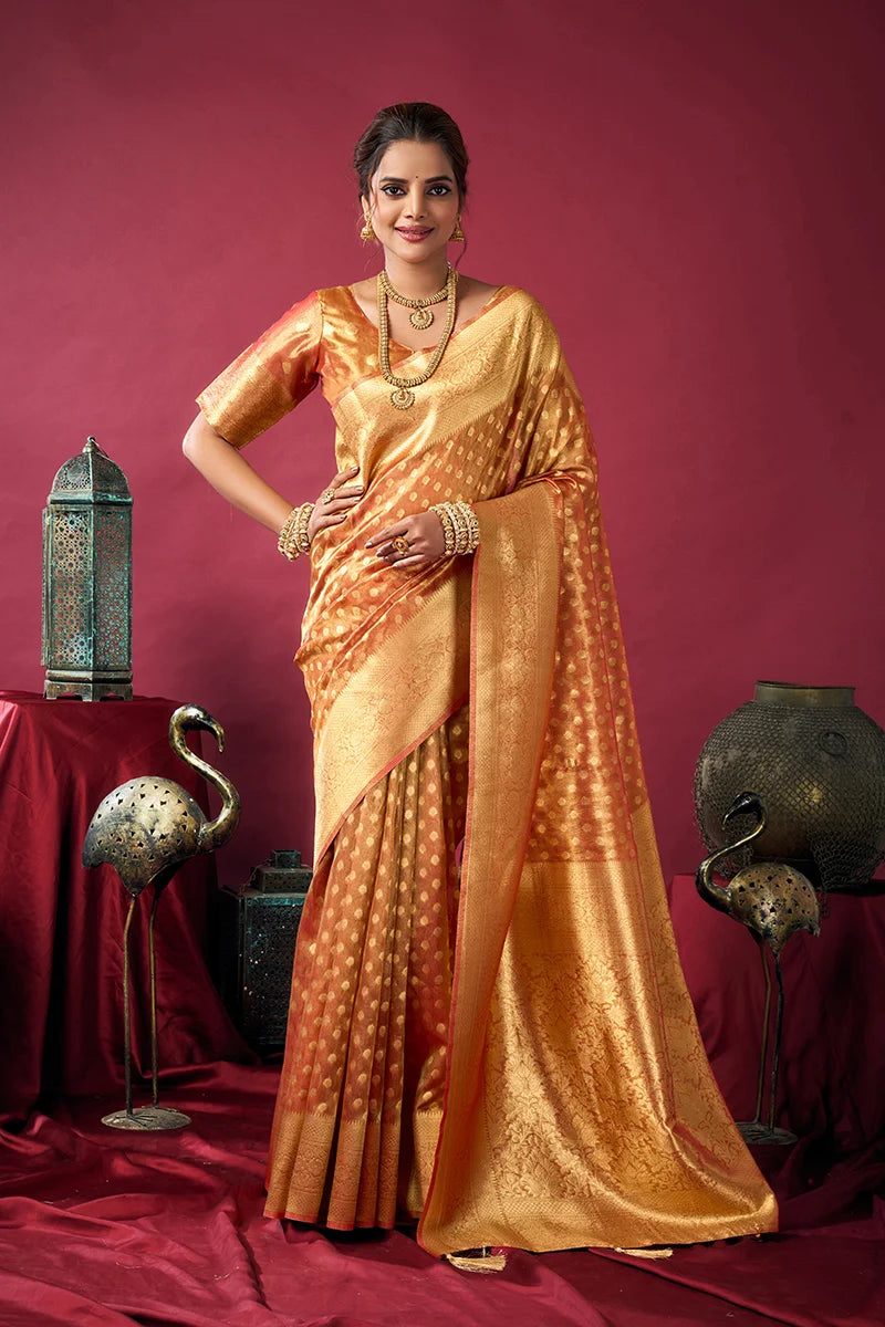 Orange Tissue Saree with All-Over Zari Weave, front