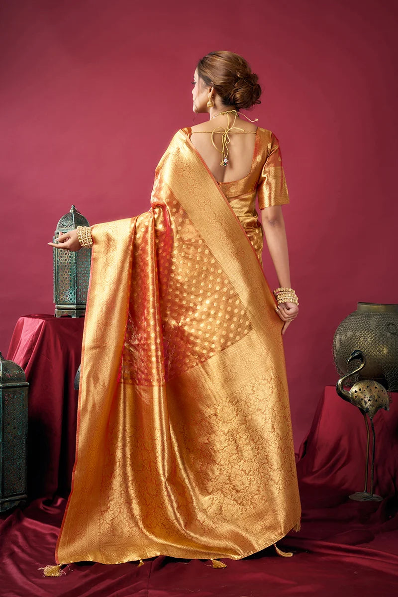 Orange Tissue Saree with All-Over Zari Weave, back with pallu