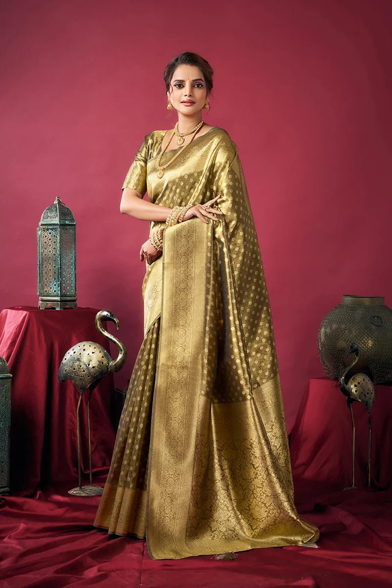 Olive Tissue Saree with All-Over Zari Weave, side