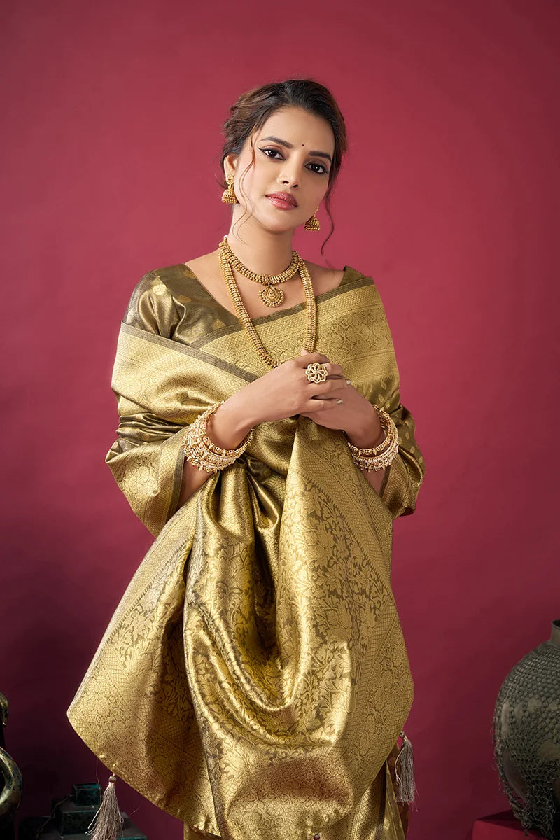 Olive Tissue Saree with All-Over Zari Weave, drape detail