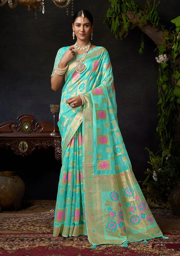 Turquoise Organza Saree with Zari Checks and Florals, front
