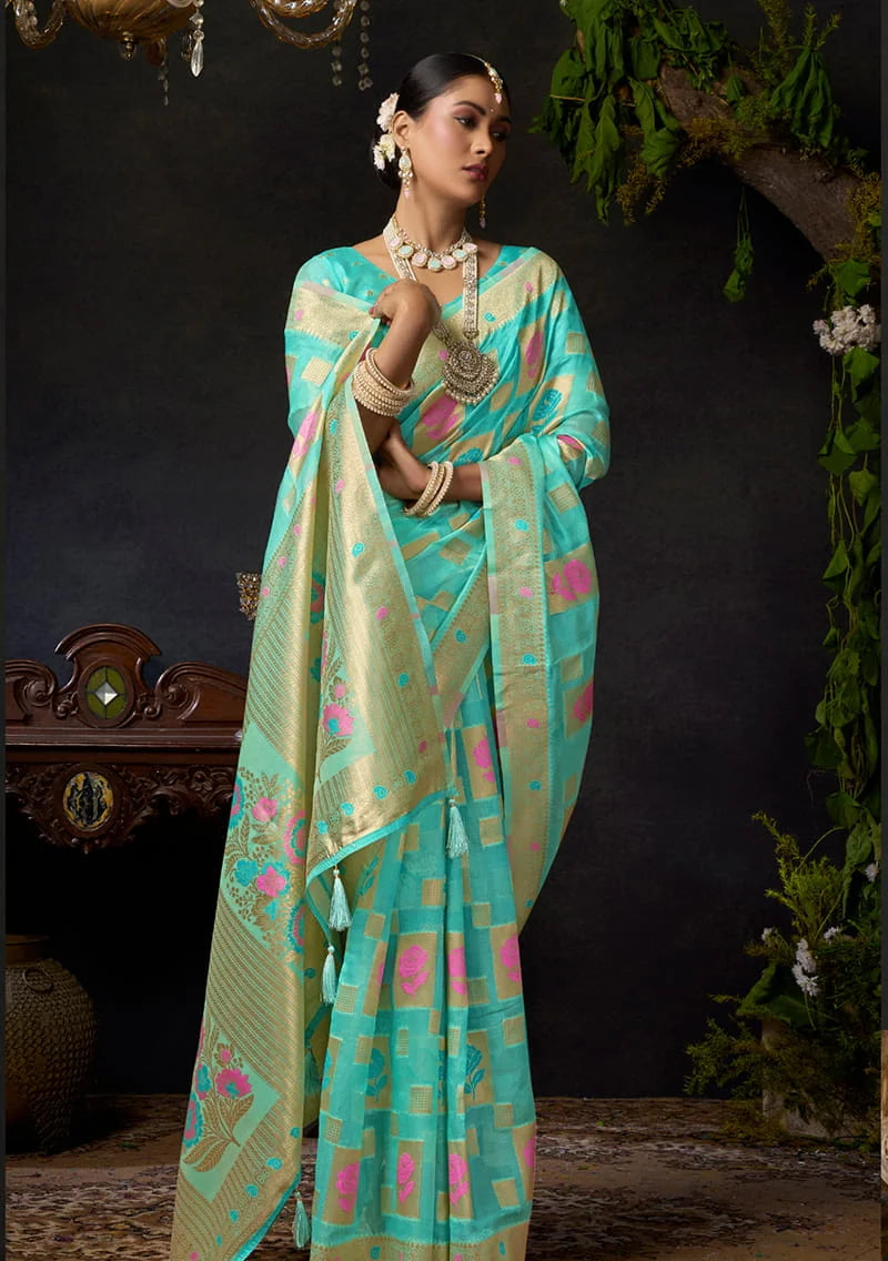 Turquoise Organza Saree with Zari Checks and Florals, styled on model