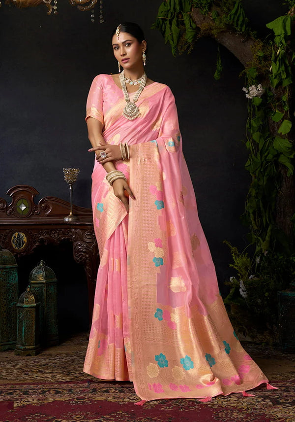 Pink Organza Saree with Zari Checks and Florals, front