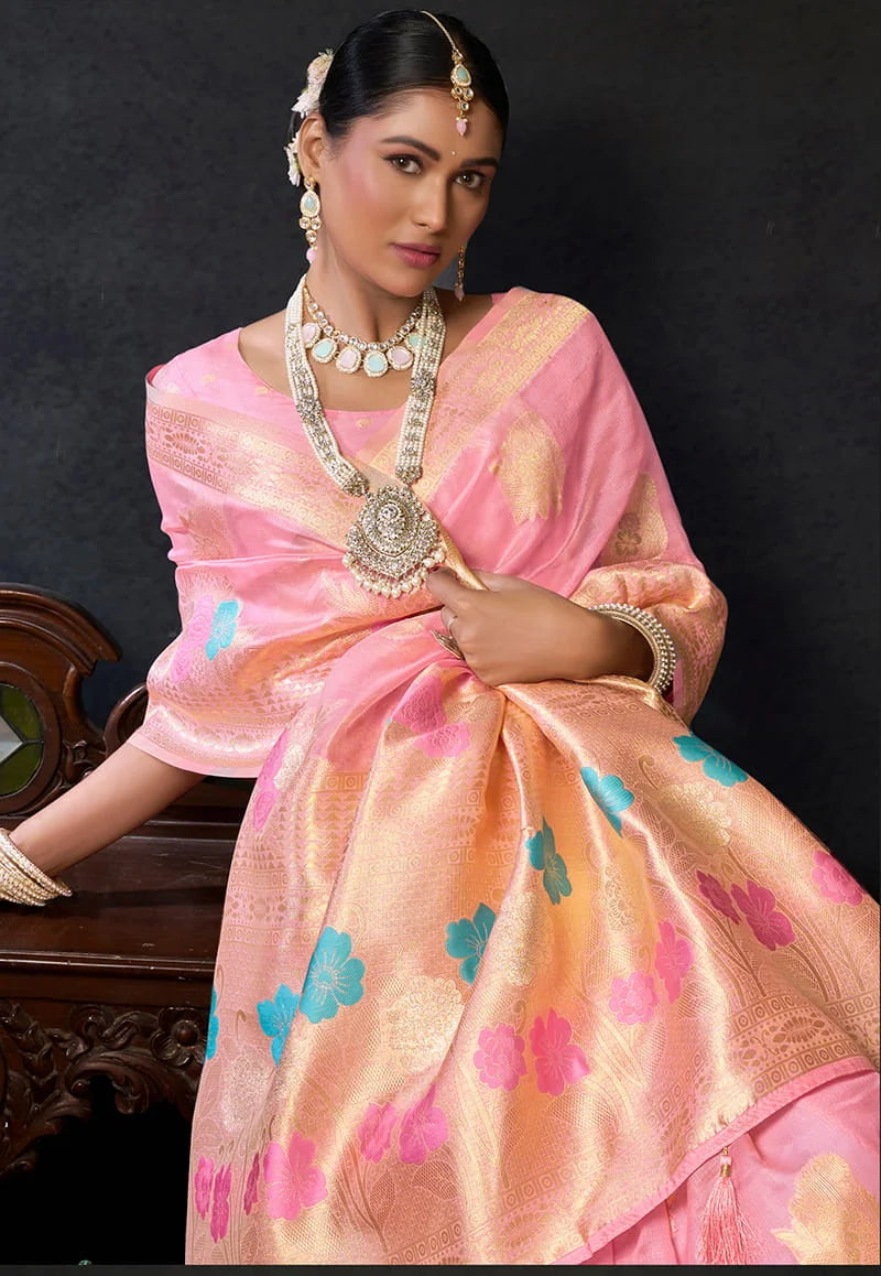 Pink Organza Saree with Zari Checks and Florals, styled on model