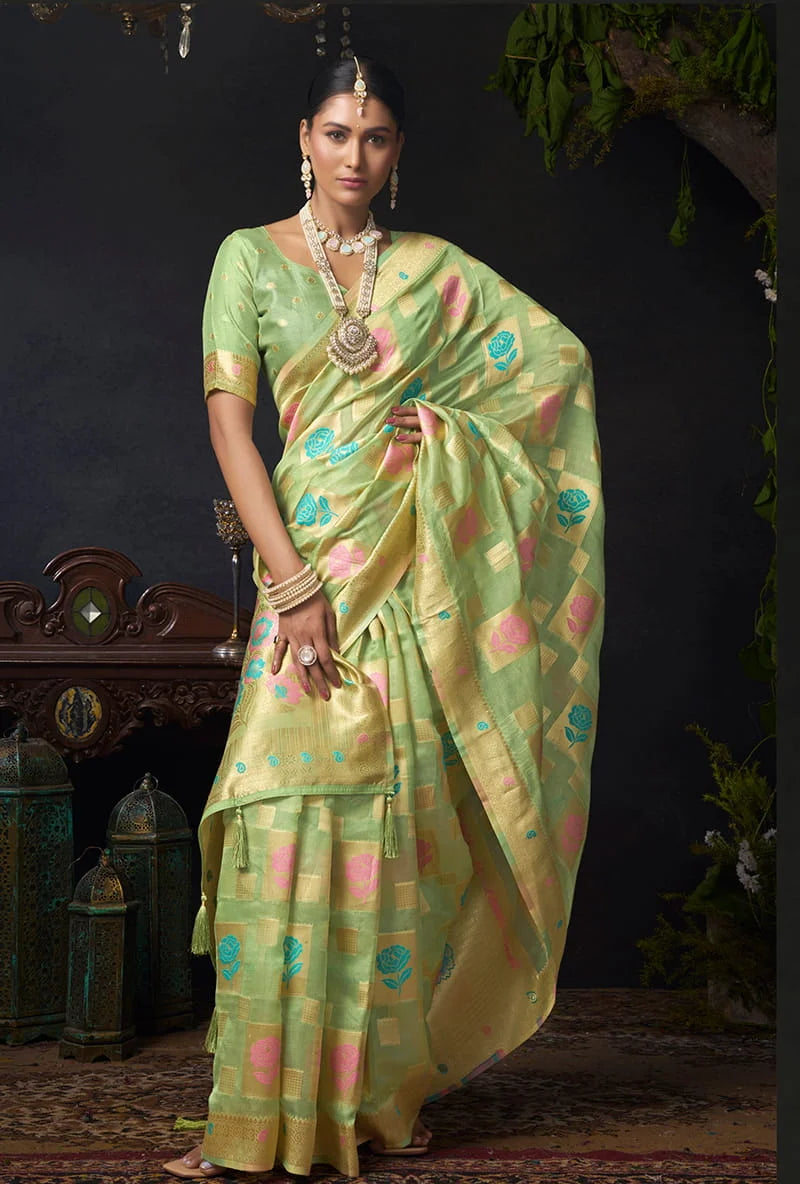 Light Green Organza Saree with Zari Checks and Florals, styled on model