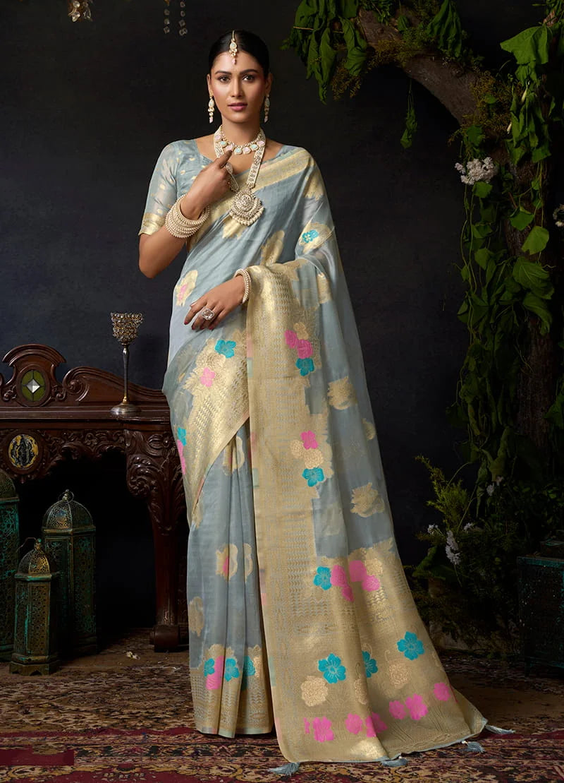 Gray Organza Saree with Zari Checks and Florals, front