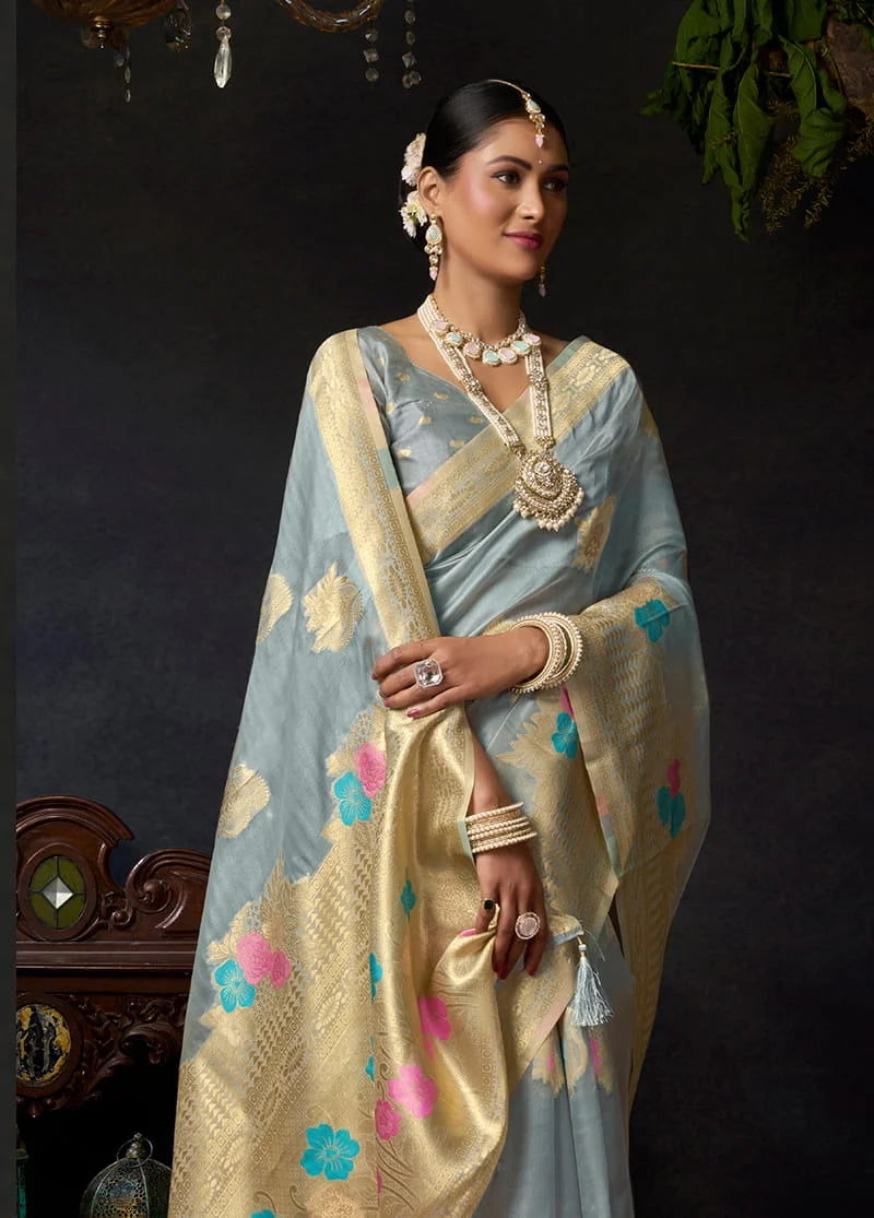 Gray Organza Saree with Zari Checks and Florals, styled on model