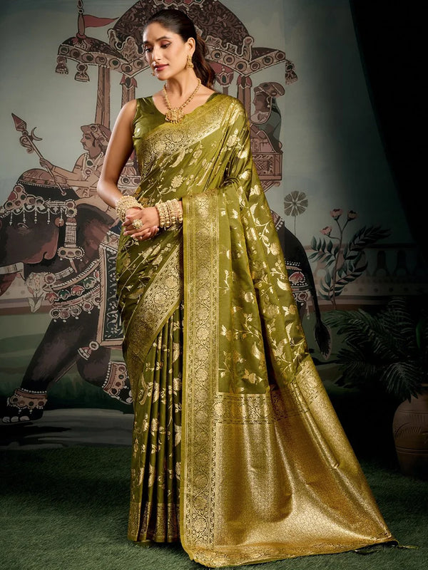 Olive Kanjivaram-Style Silk Blend Saree with Zari Jaal, front