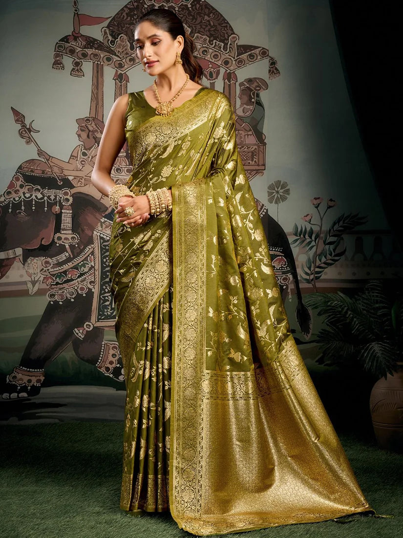Olive Kanjivaram-Style Silk Blend Saree with Zari Jaal, front