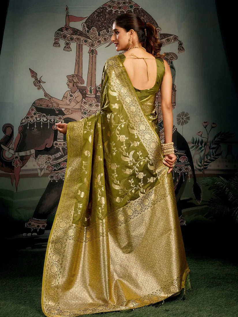 Olive Kanjivaram-Style Silk Blend Saree with Zari Jaal, back with pallu