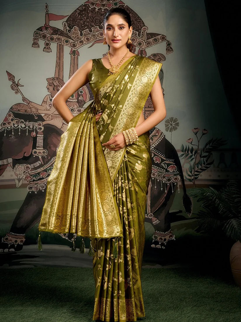 Olive Kanjivaram-Style Silk Blend Saree with Zari Jaal, side