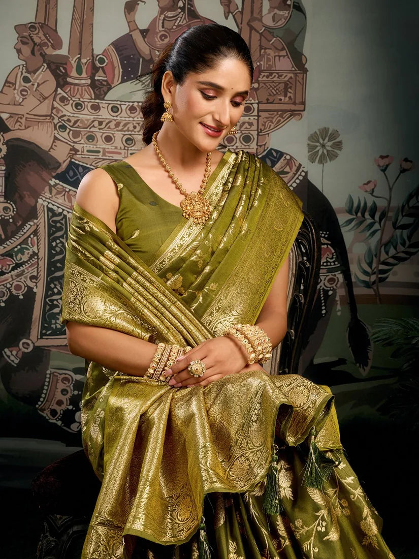 Olive Kanjivaram-Style Silk Blend Saree with Zari Jaal, drape detail