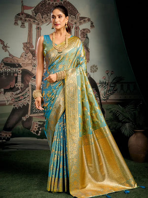 Turquoise Kanjivaram-Style Silk Blend Saree with Zari Jaal