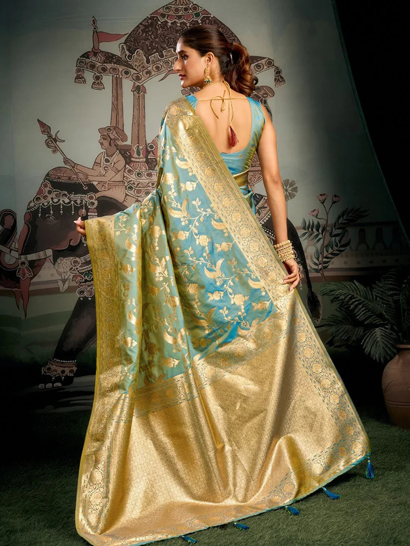 Turquoise Kanjivaram-Style Silk Blend Saree with Zari Jaal, back with pallu
